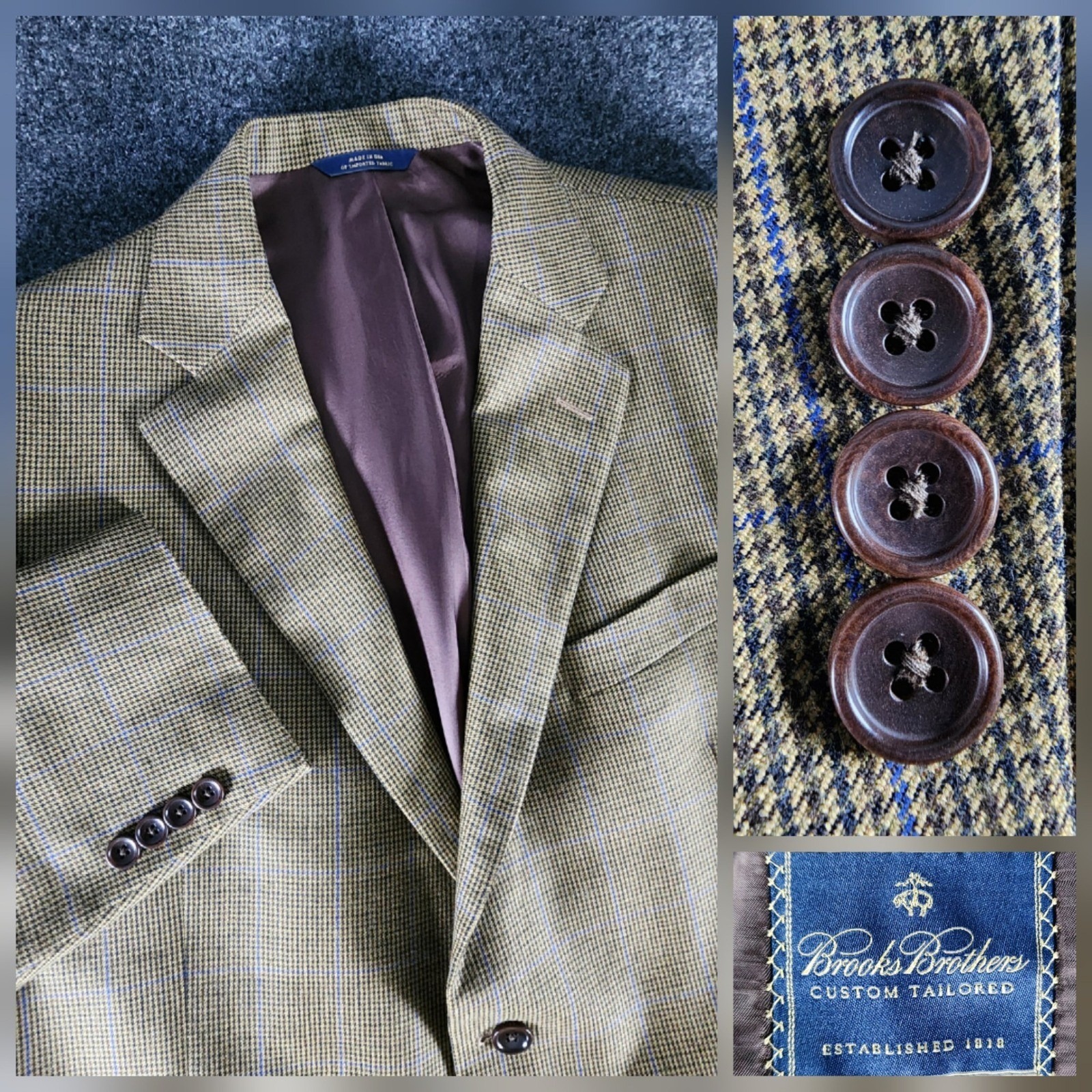Brooks Brothers Custom Tailored 45r Brown Wool Blazer Houndstooth Windowpane
